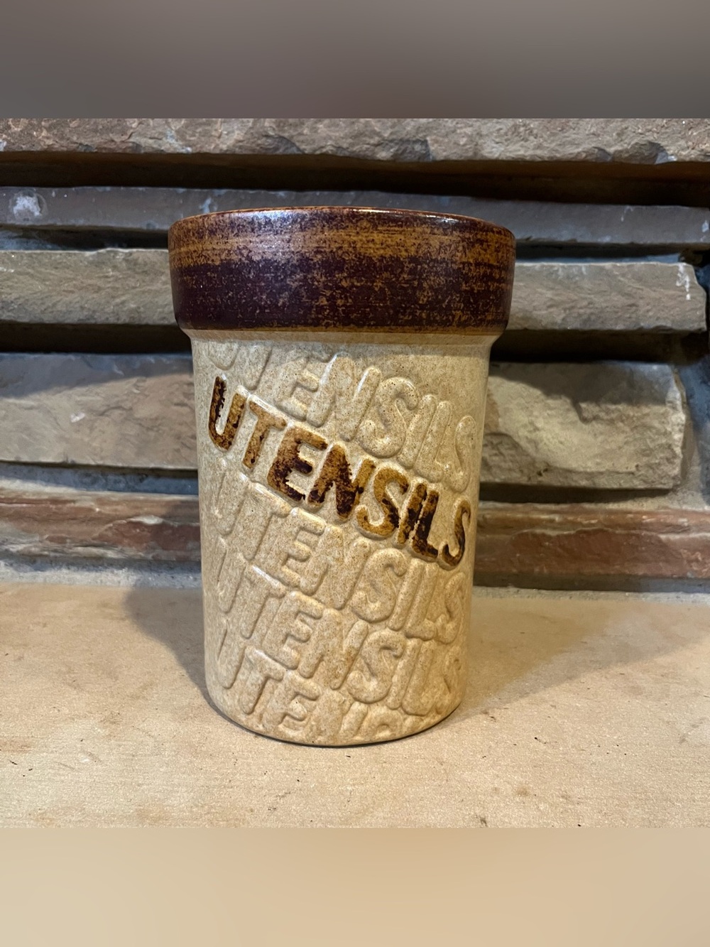 Vintage Pottery Craft Utensils Stoneware Holder in Beige and Brown